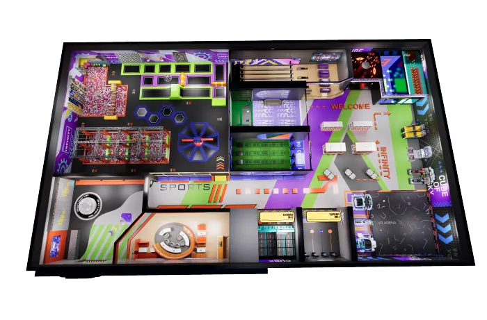 Diseño 3D de un centro de entretenimiento multifuncional de 2.400 m² en Alemania, con bolera, realidad virtual y zonas de trampolines