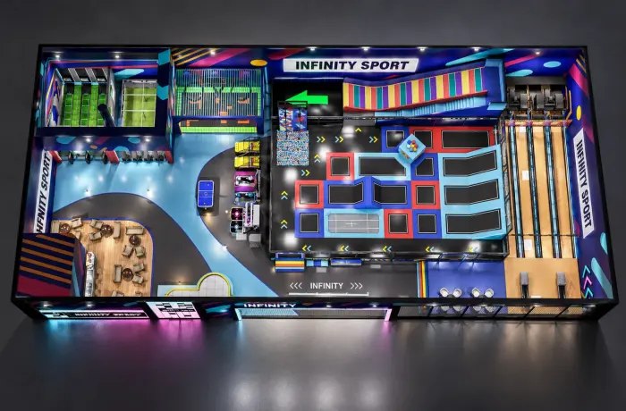 Diseño de un centro de ocio deportivo indoor de 1.104 m² en Hungría, con bolera y atracciones variadas