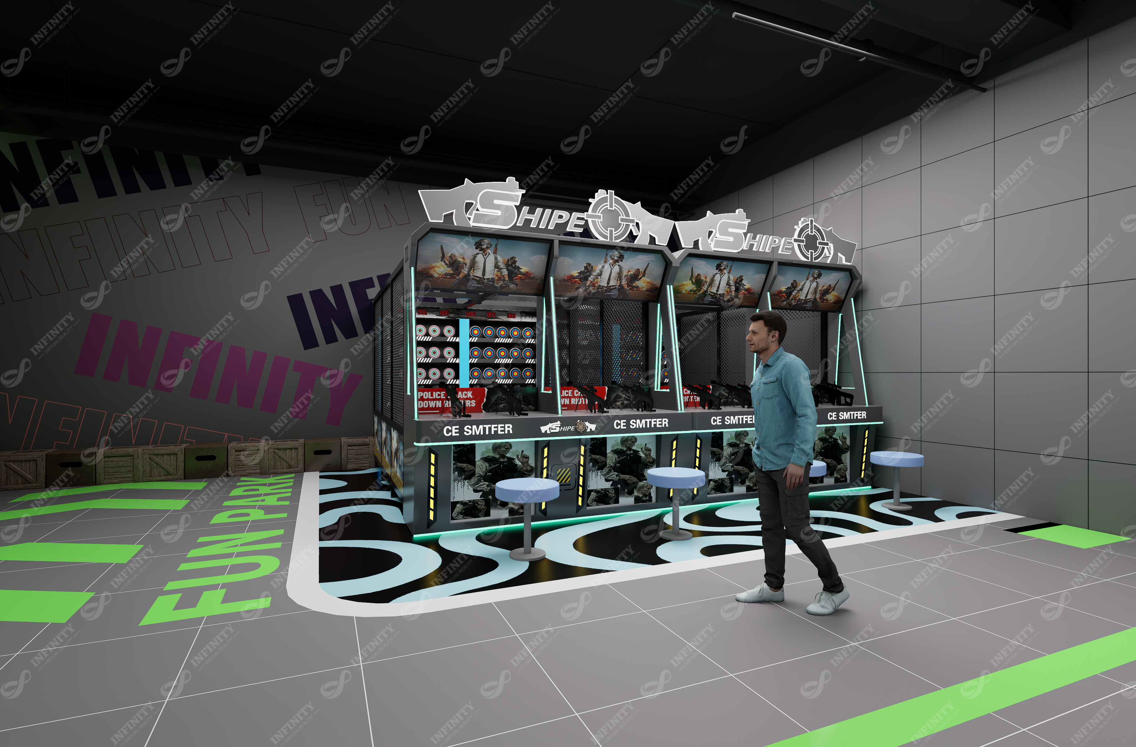 Spain arcade shooting game concept with target cabinets and individual player stations