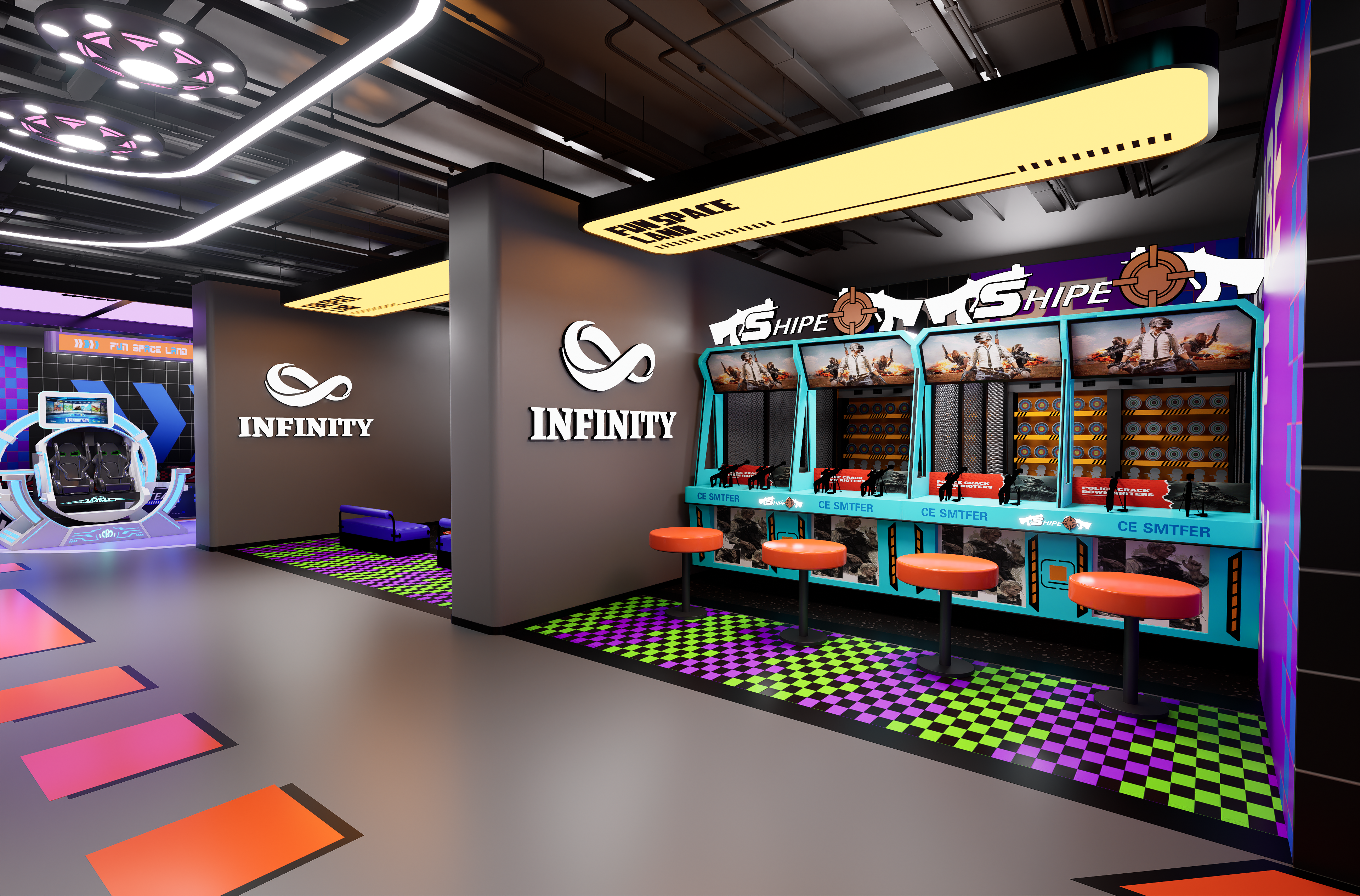 Germany arcade shooting game zone concept with individual player stations