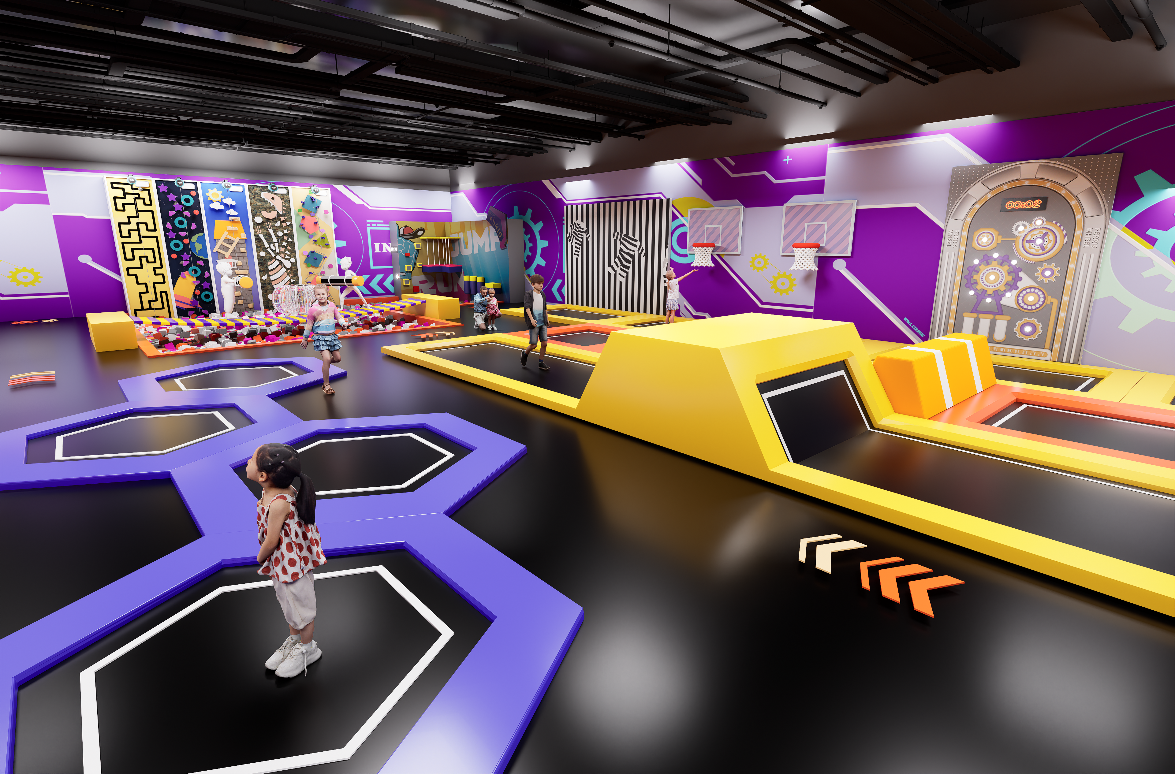 Germany trampoline and active play concept with jumping surfaces, foam pits and climbing elements