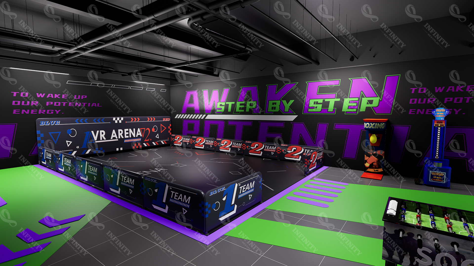 Australia VR competition arena concept with red and blue team boundaries