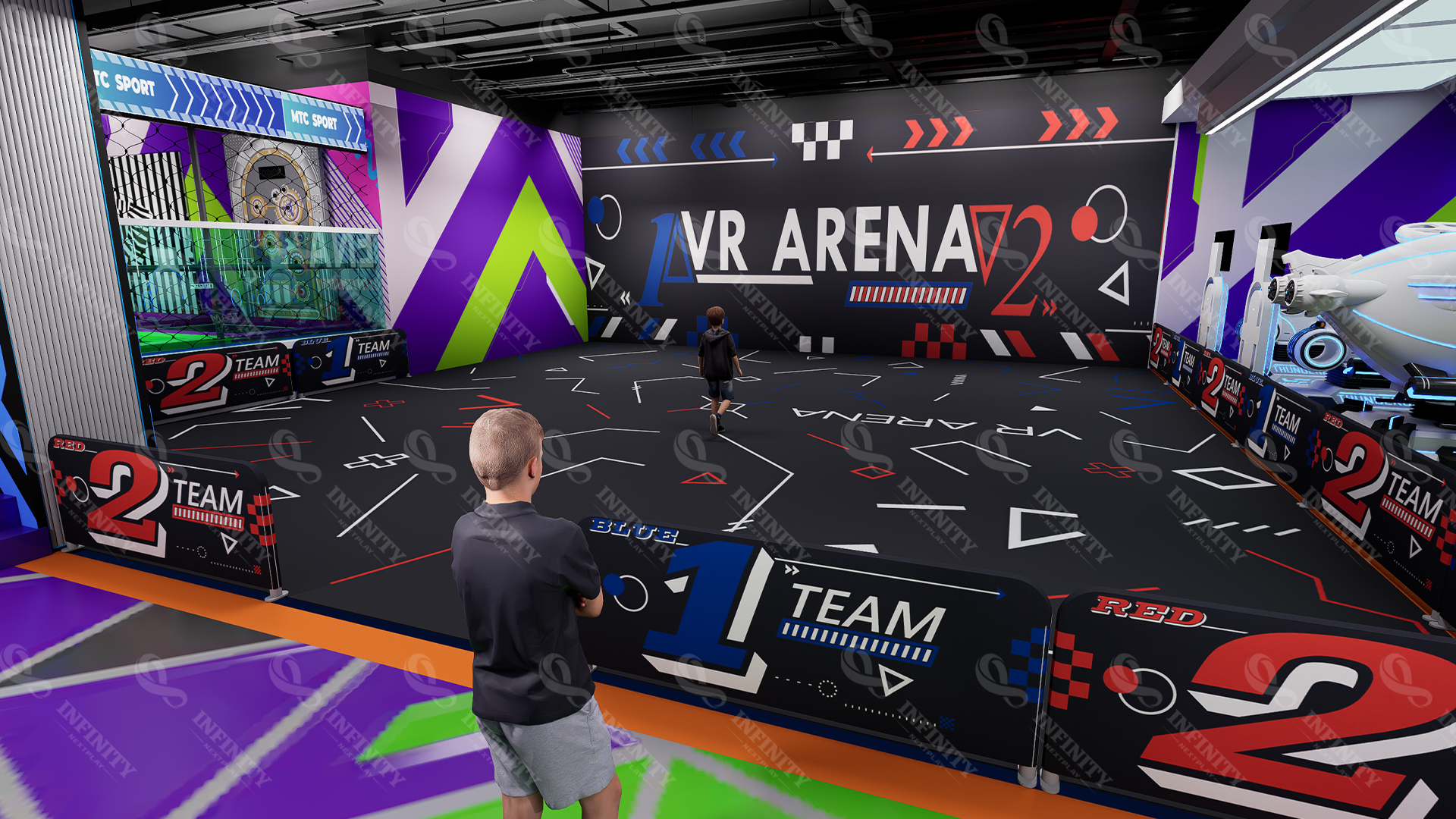 Vista amplia de la arena de competici&oacute;n de realidad virtual en Ruman&iacute;a con espacio de juego delimitado y l&iacute;mites para los equipos