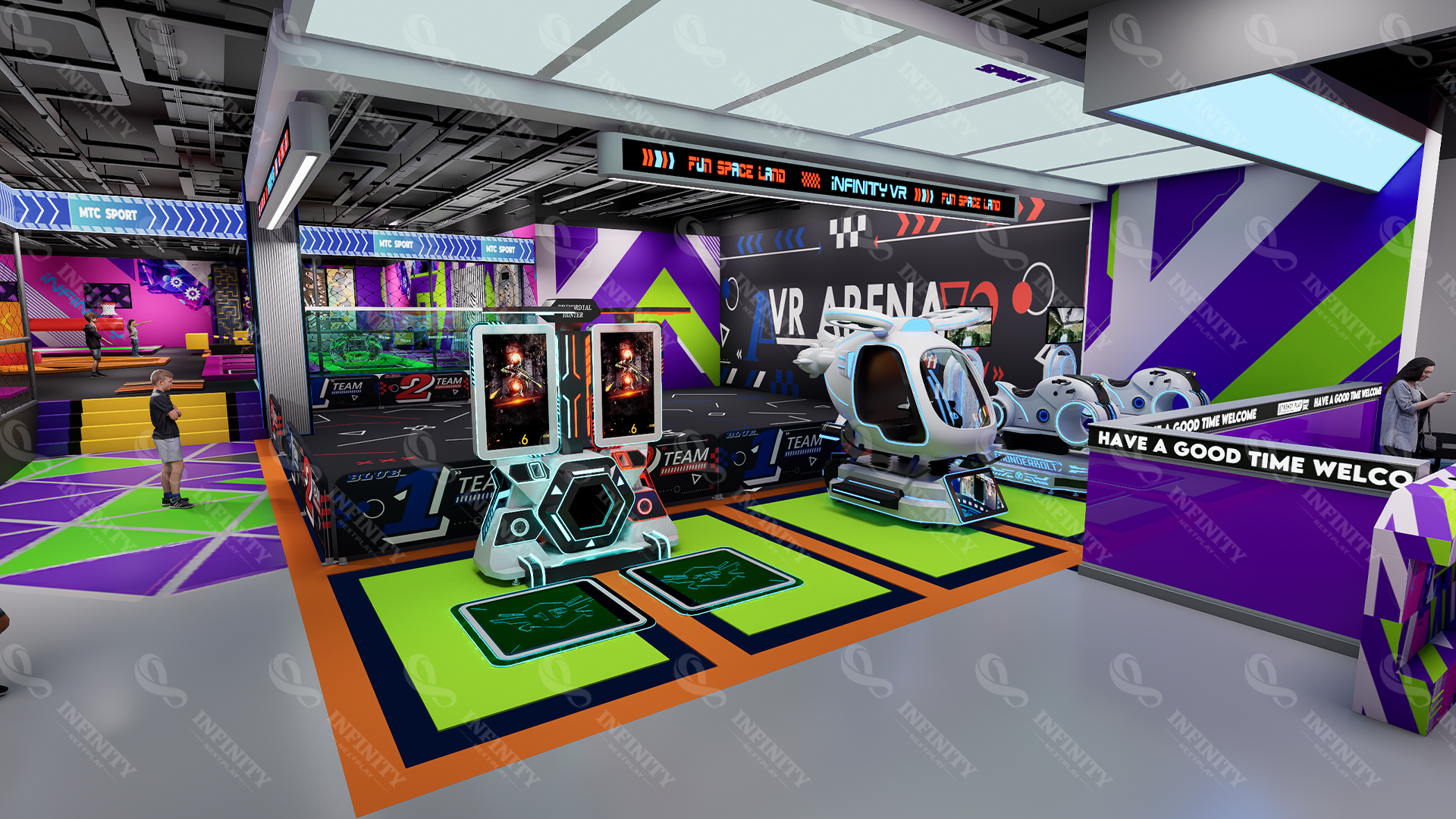 Concepto de parque tem&aacute;tico de realidad virtual en Ruman&iacute;a con puestos individuales y simuladores de movimiento