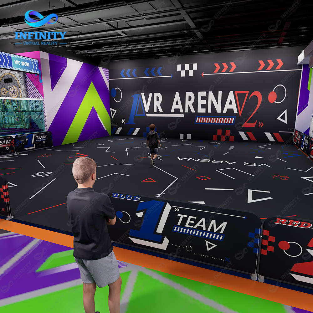 Concepto de arena de competici&oacute;n por equipos en realidad virtual en Ruman&iacute;a con gr&aacute;ficos de equipos rojos y azules y barreras perimetrales