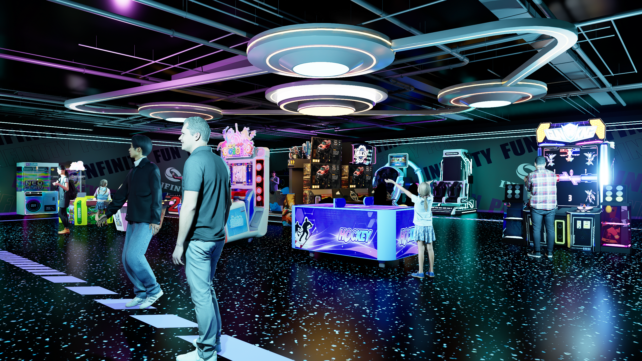 Concepto de centro VR y arcade con una mesa de air hockey en la zona de juegos compartidos