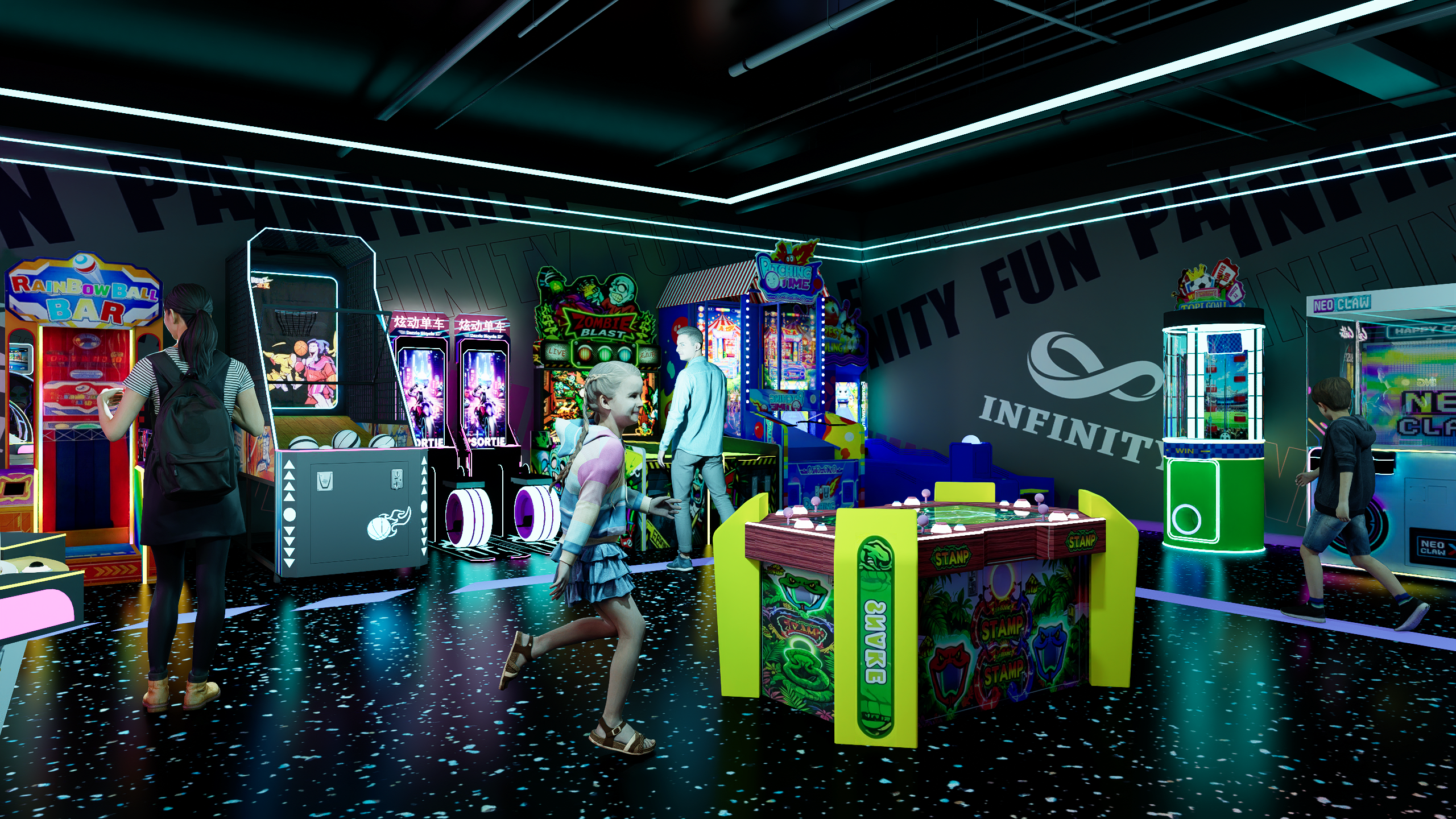 Concepto arcade con m&aacute;quinas de baloncesto, juegos de ritmo, habilidad y premios