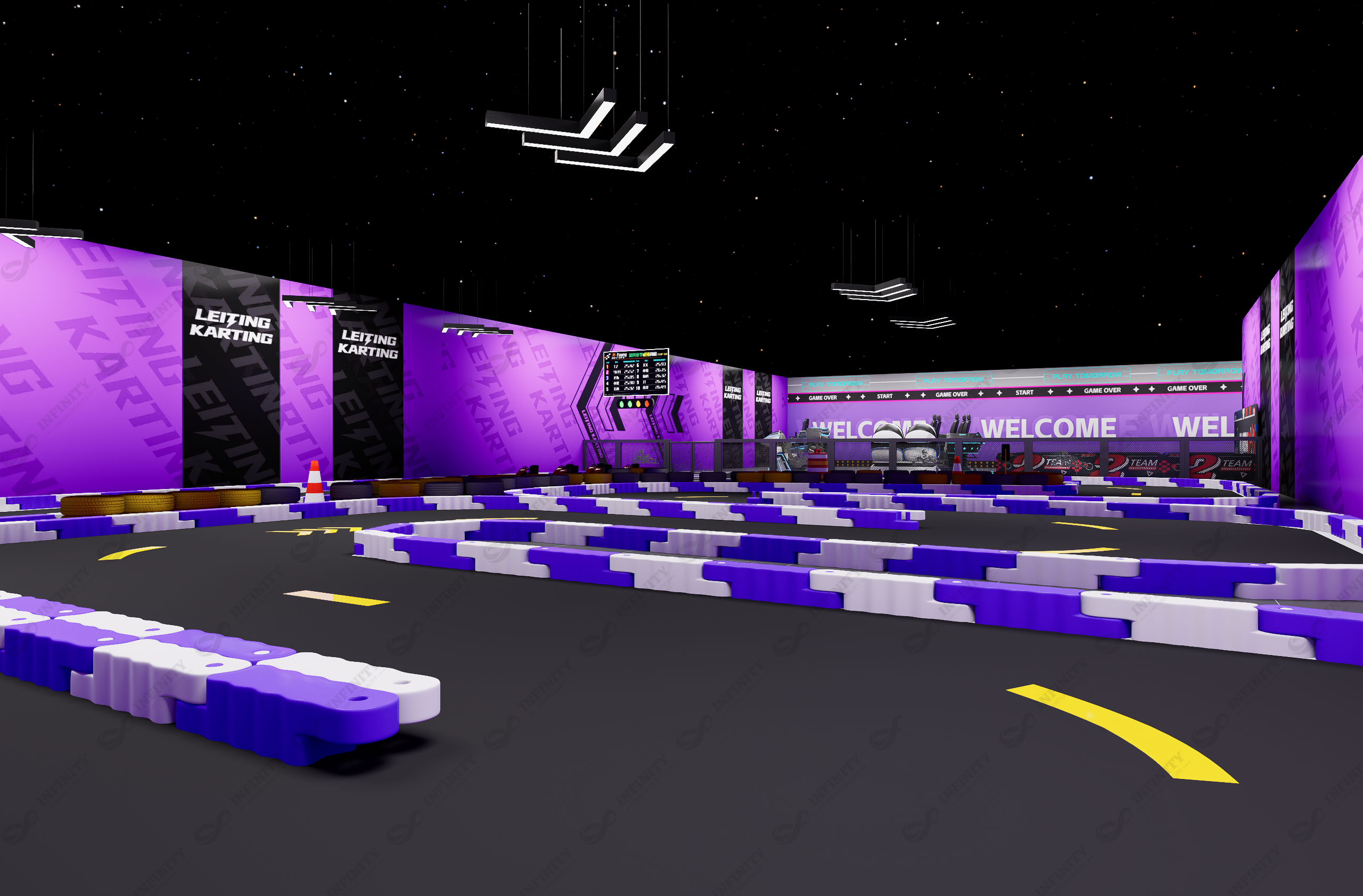 Nepal indoor karting track concept with purple and white barriers and directional markings