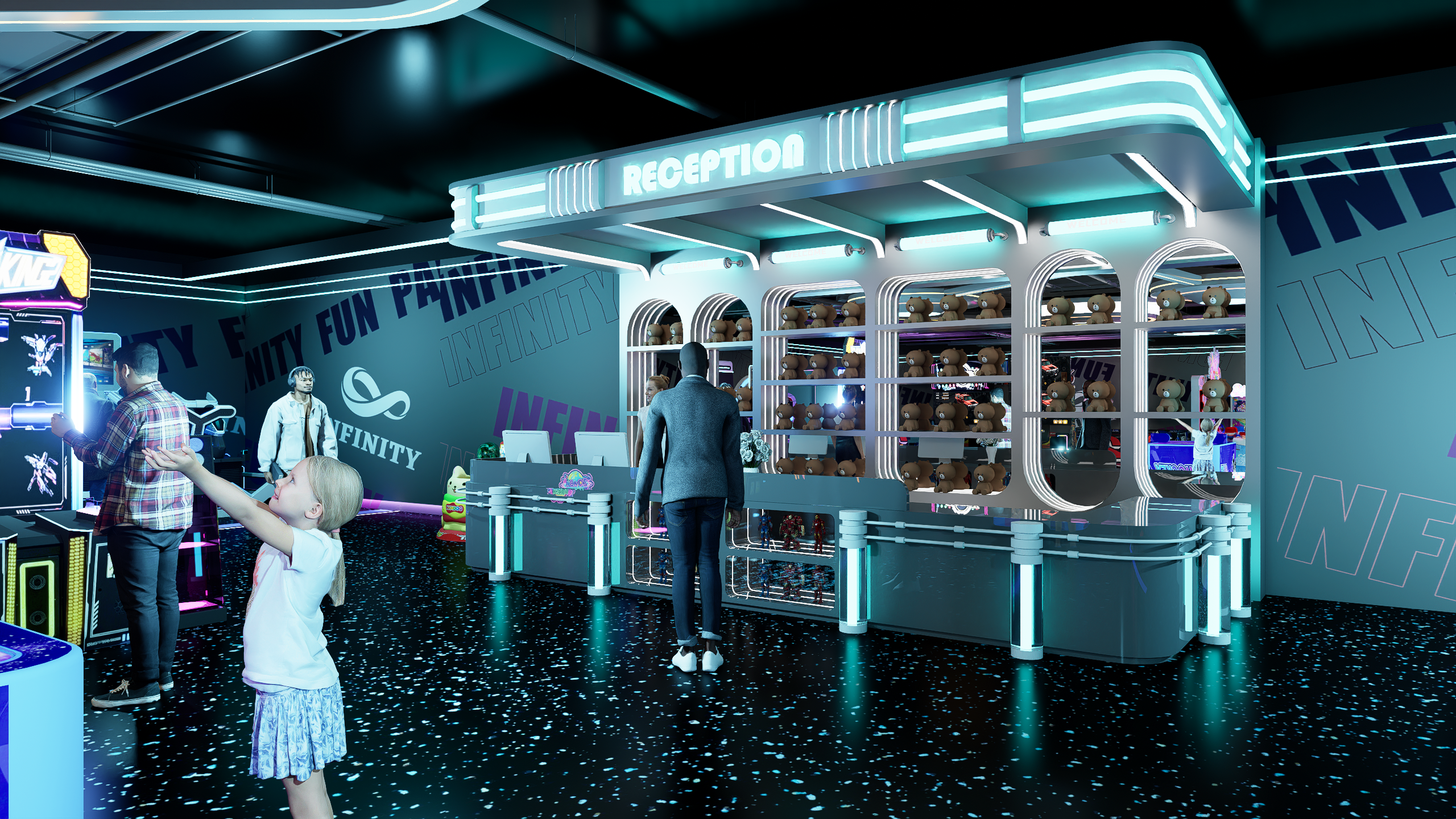 Concepto de recepci&oacute;n para un centro VR y arcade con mostrador y estanter&iacute;as para premios