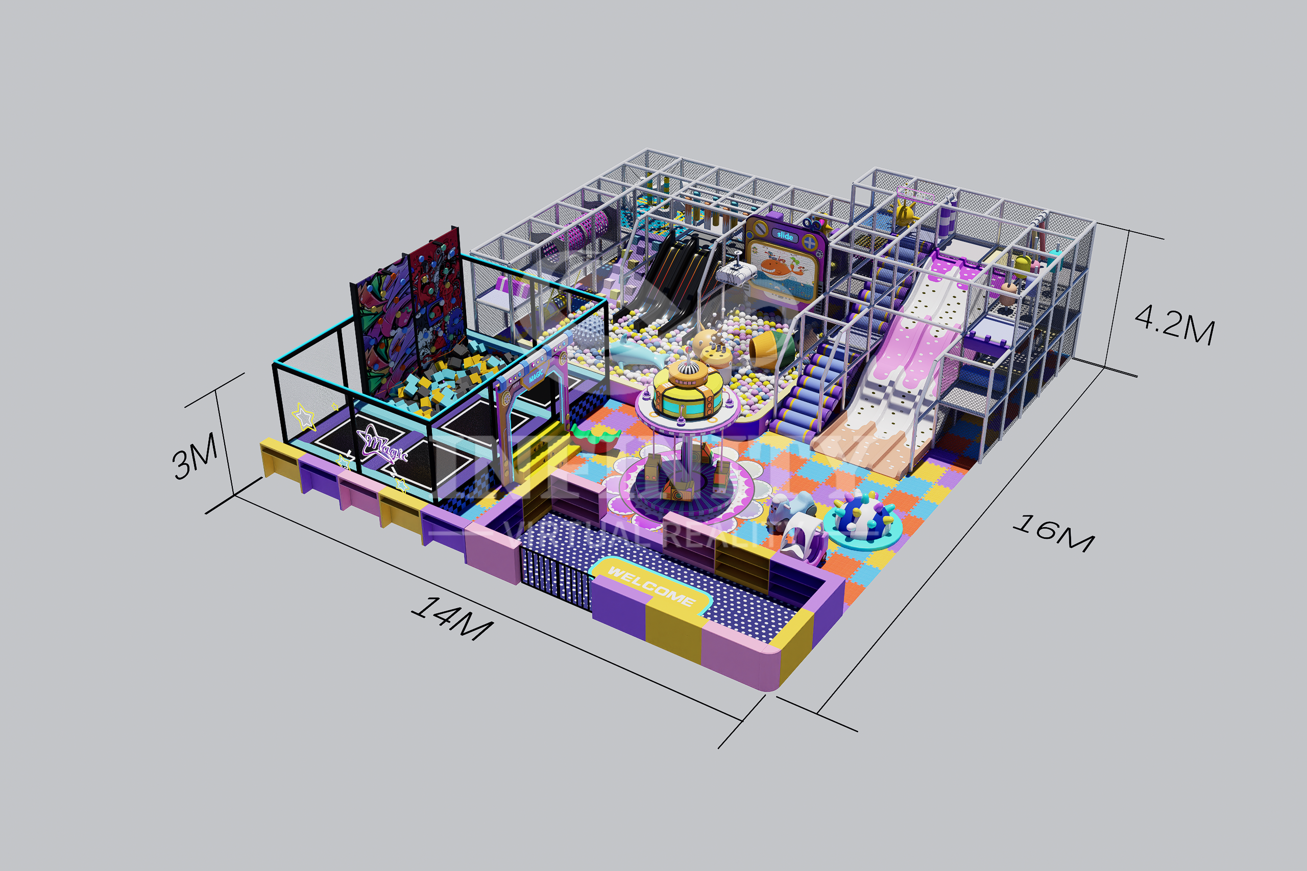 Nepal children's play structure design view with slides, ball pit and climbing routes