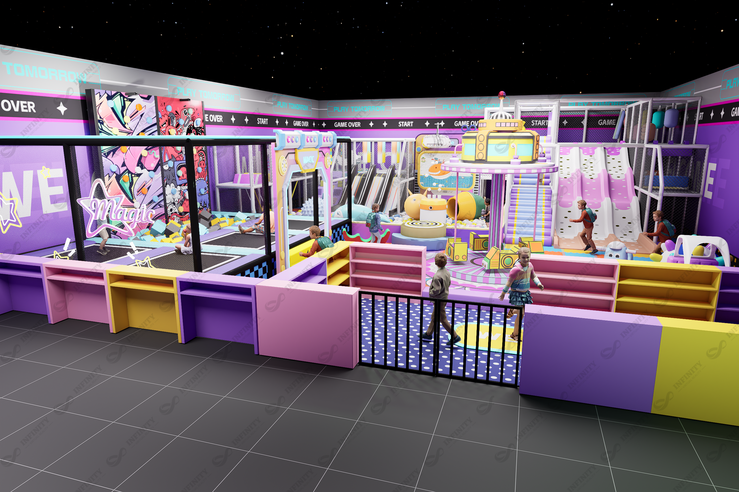 Nepal kids soft play concept with themed entrance, slides and ball pit