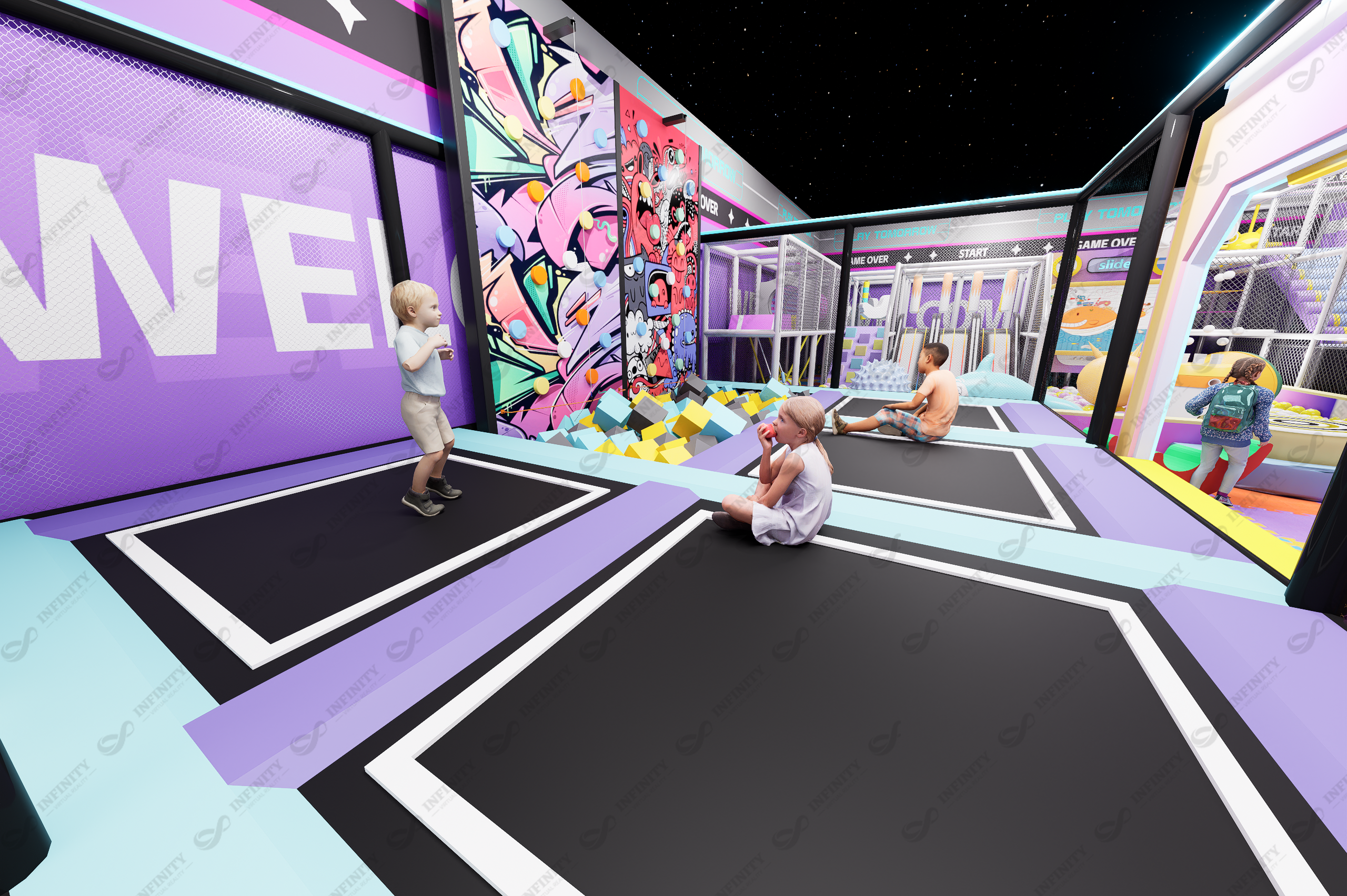 Nepal trampoline activity concept with climbing panels and foam-pit features