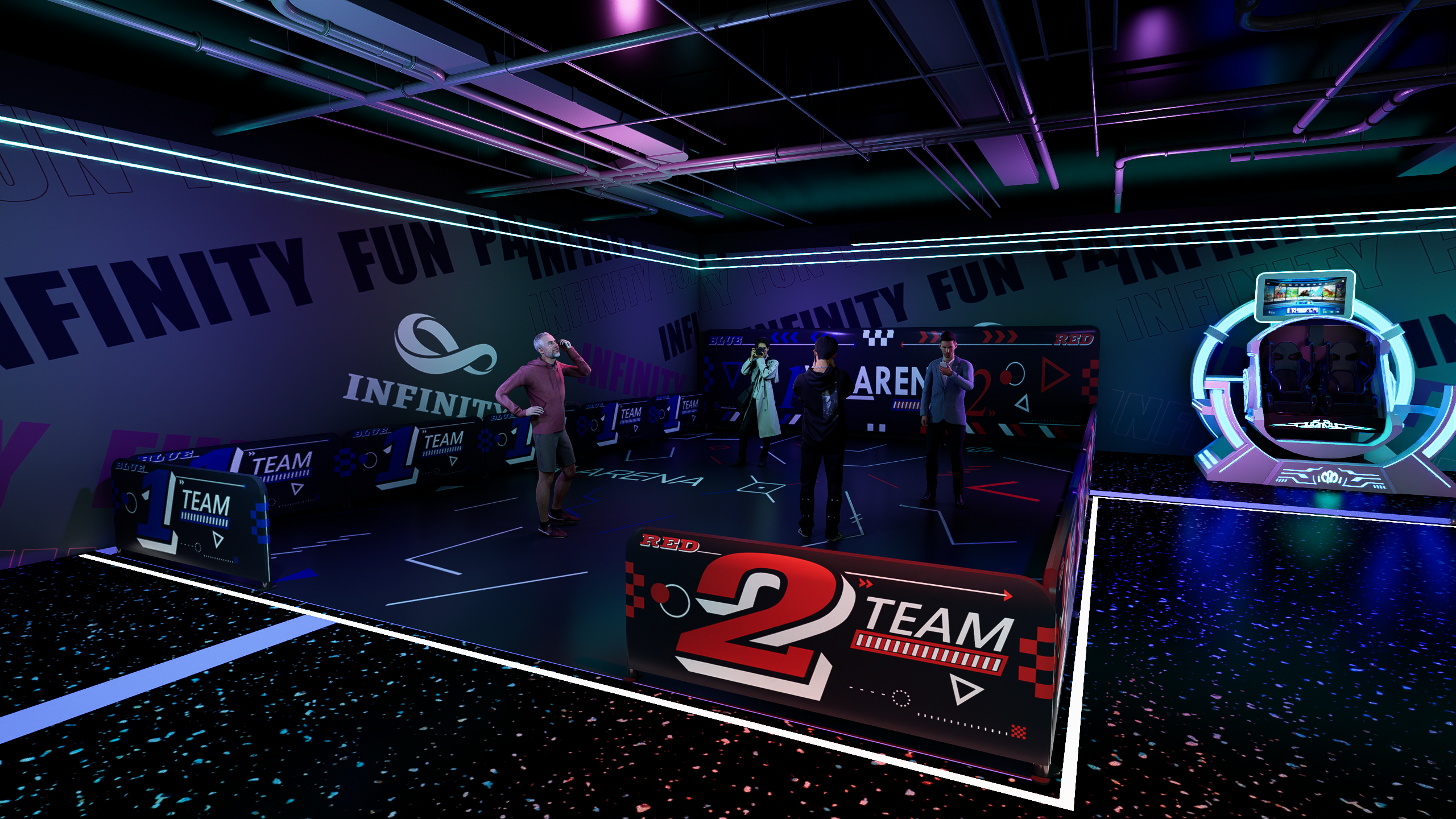 Concepto de arena VR para un local de 500 m&sup2; con delimitaciones rojas y azules