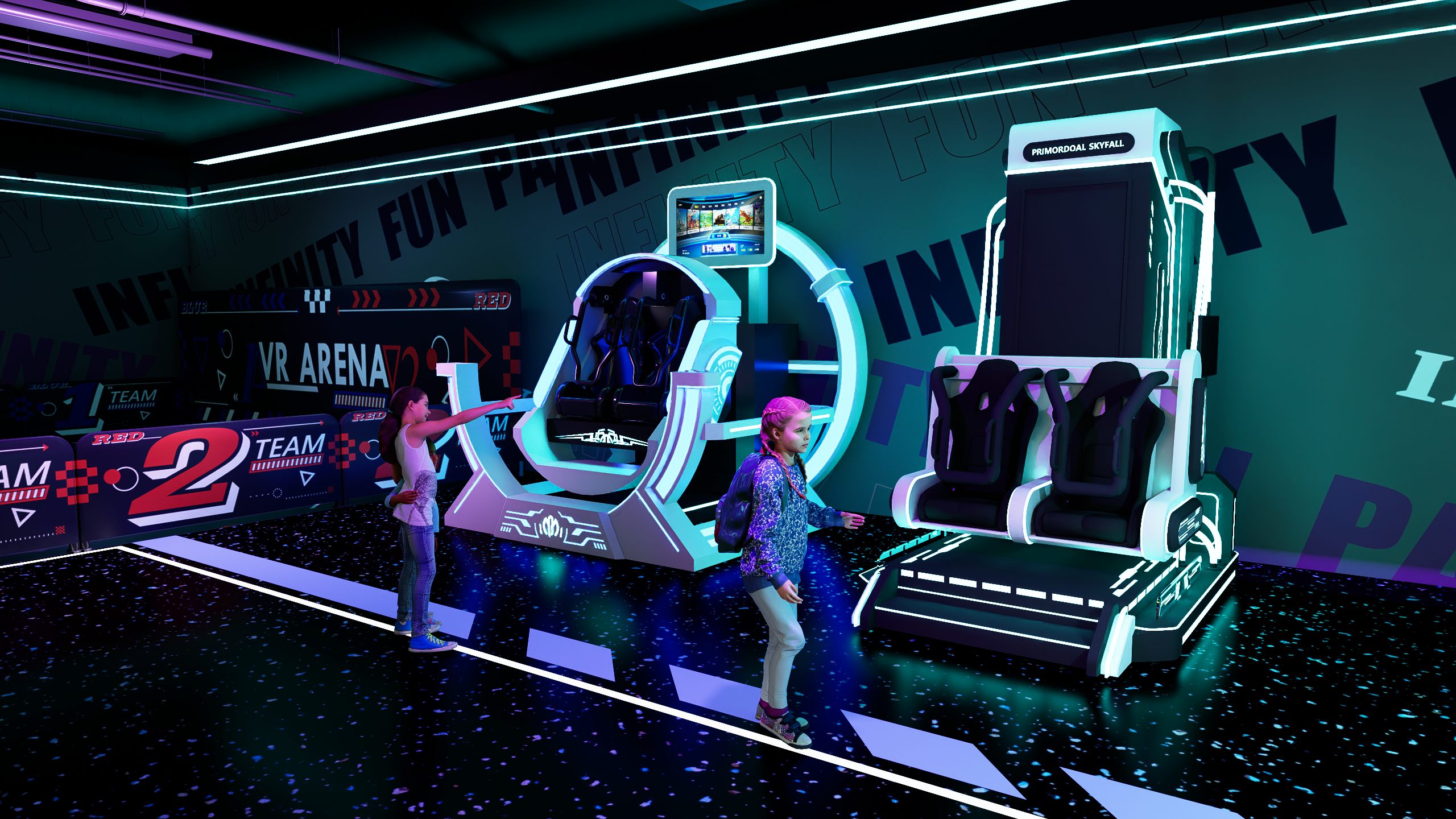 Concepto de atracciones VR con puestos inmersivos con asiento junto a la arena