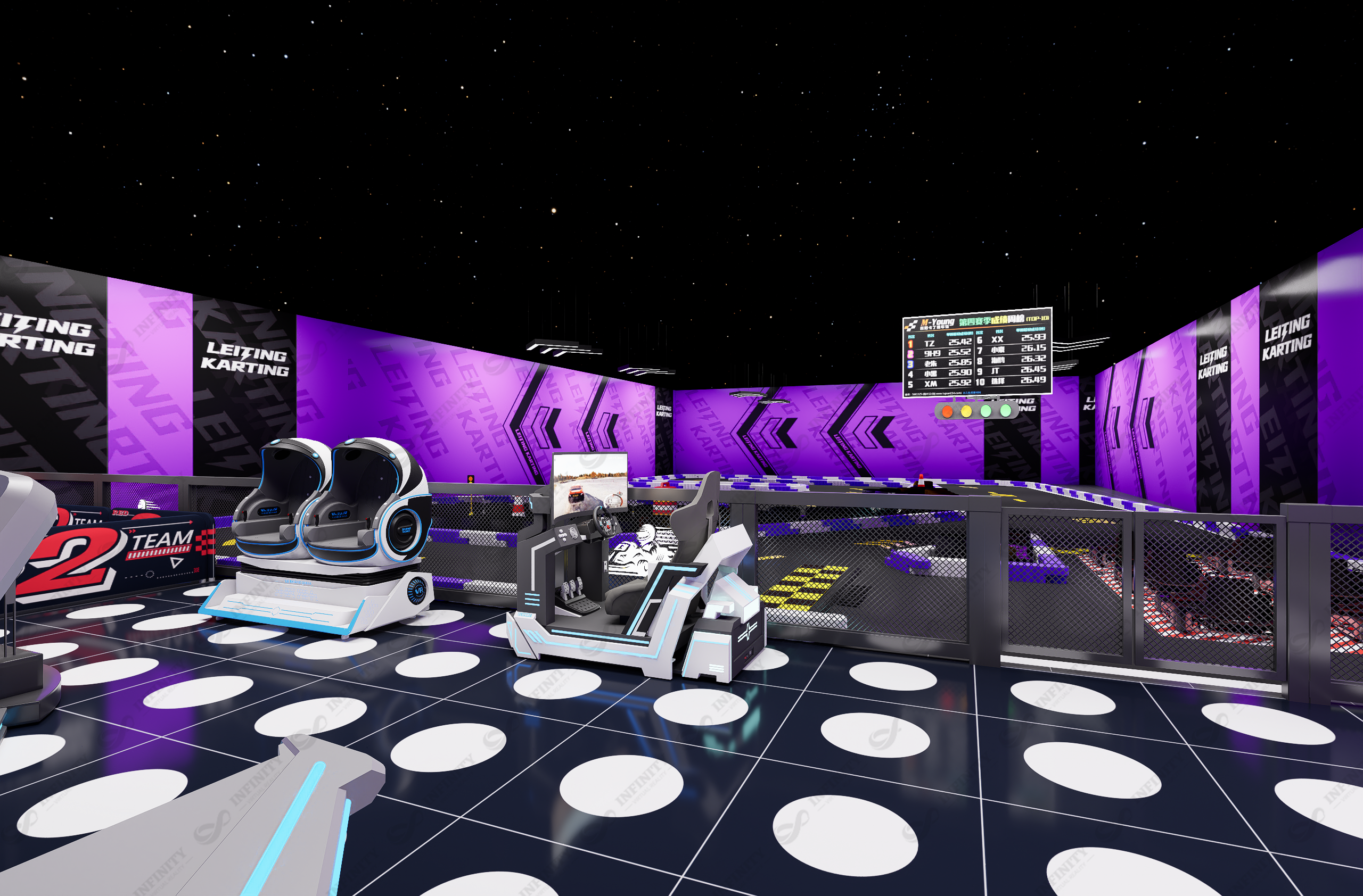Nepal VR simulator area concept with seated immersive equipment and a driving simulator beside the karting track