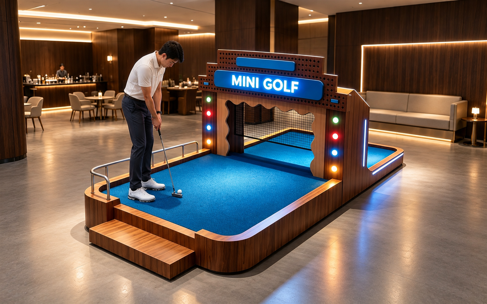 Adventure-themed indoor mini golf equipment with an illuminated entrance