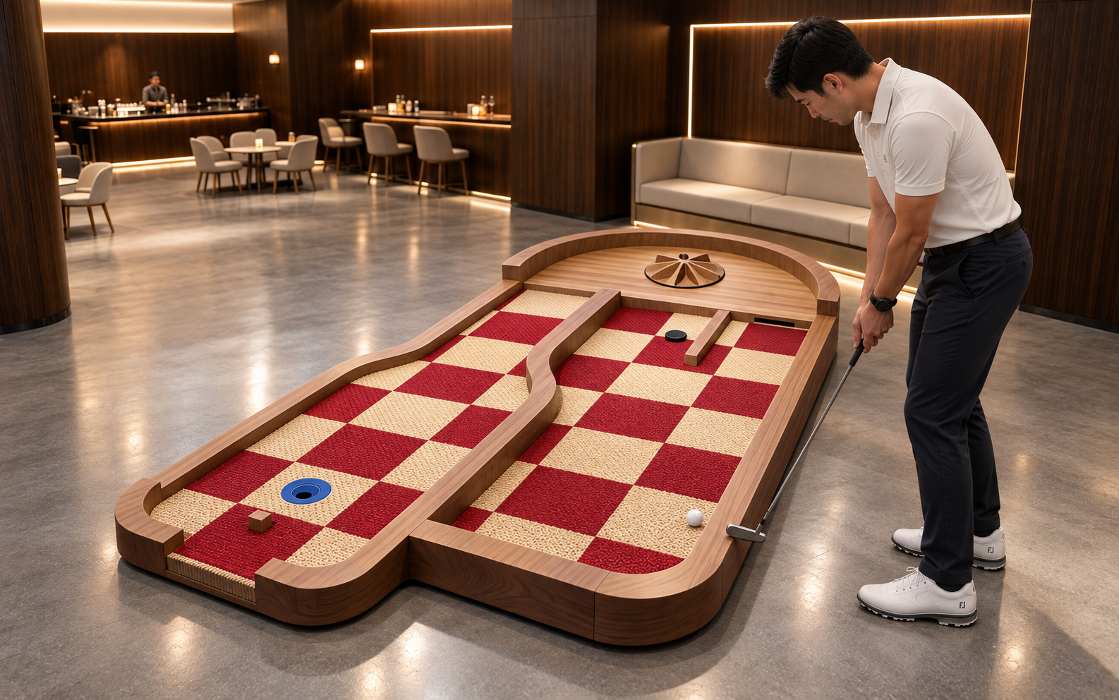 Indoor mini golf product with a circular obstacle in an entertainment setting