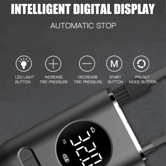 Rechargeable Digital Tire Inflator With LED light Wireless Car Tyre Compressor 2000 mAHx2
