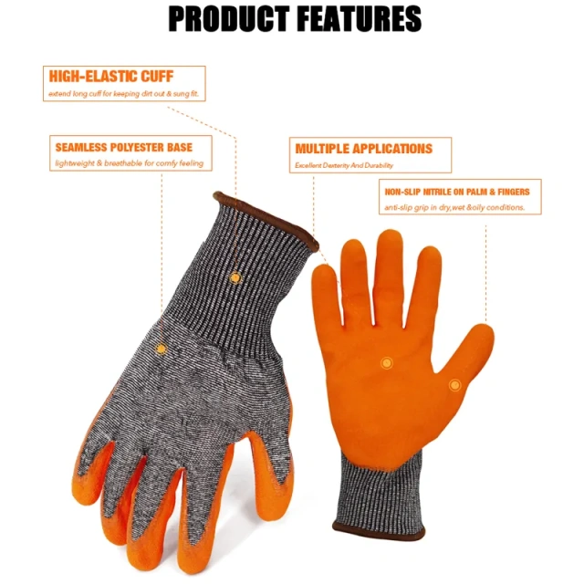 ANSI Cut Level 8 Rubber Latex Coated for Work Construction Crinkle Pattern Nitrile Latex Dip Glove