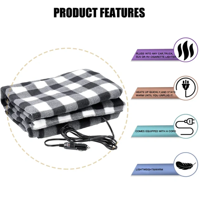 Electric Car Blanket Heated 12 Volt Travel Throw For Car and RV For Cold Weather