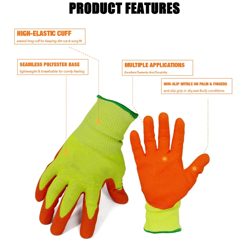 ANSI Cut Level 6 Rubber Latex Coated for Work Construction Crinkle Pattern Nitrile Latex Dip Glove