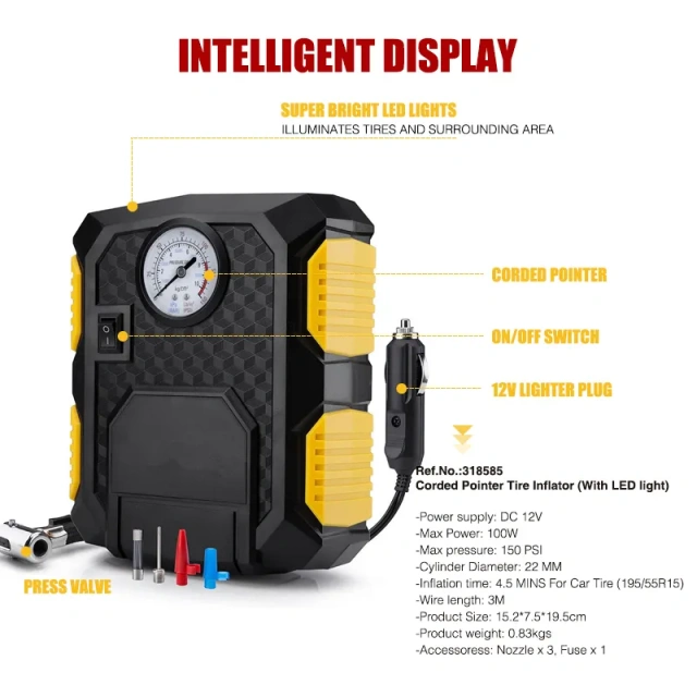 Dial Gauge Tire Inflator With LED light Wireless Car Tyre Compressor