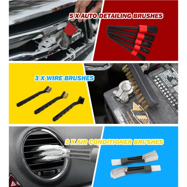 10pcs Car Detailing Wash Long Soft PP Bristle Brushes Set for Cleaning