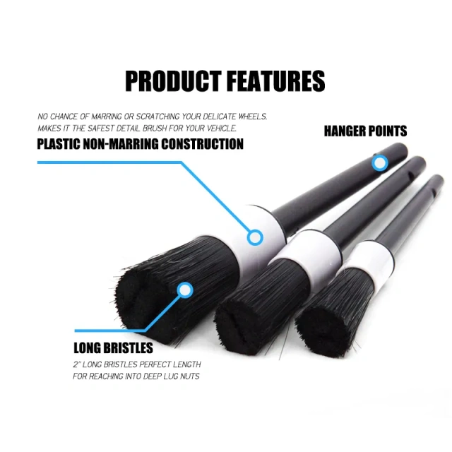 3pcs Car Detailing Wash Long Soft PP Bristle Brushes Set for Cleaning