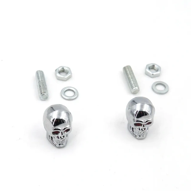 Set of 2 Pack Chrome Die Cast Skull Head License Plate Fasteners Screws
