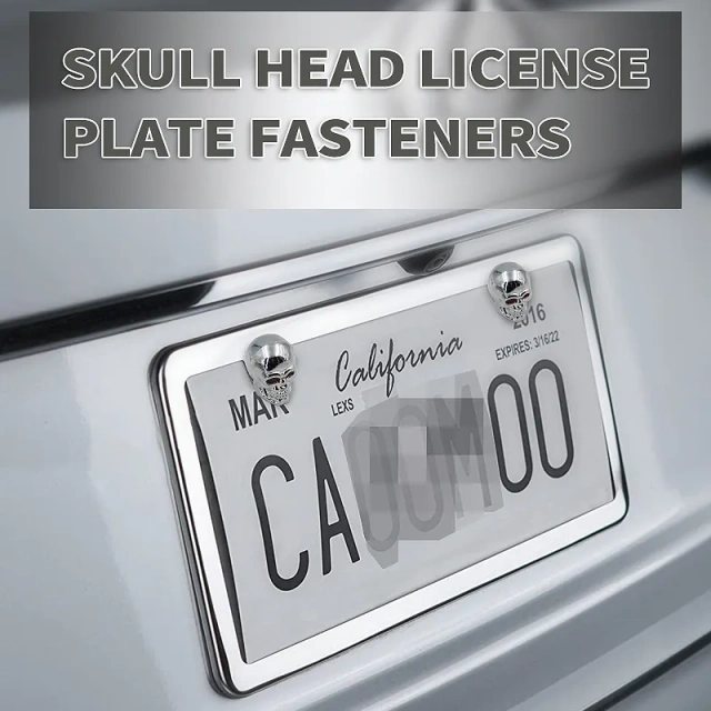Set of 2 Pack Chrome Die Cast Skull Head License Plate Fasteners Screws
