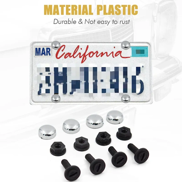 Set of 4 Pack Nylon Car License Plate Fasteners Screws Chrome ABS Caps Cover