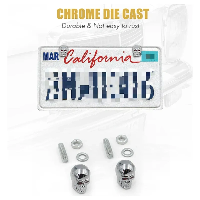 Set of 2 Pack Chrome Die Cast Skull Head License Plate Fasteners Screws