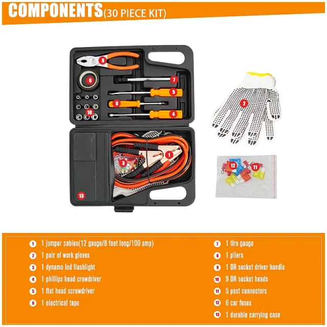 30 pieces Vehicle Tools Car Emergency repair and rescue Kit With Jumper Cables