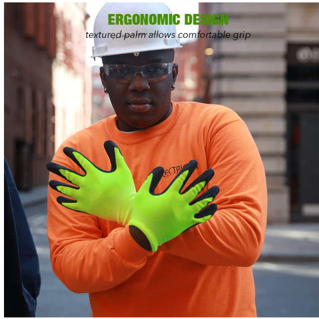 Polyurethane Rubber Latex Coated Fluorescent Gardening Work Safety Gloves for Construction