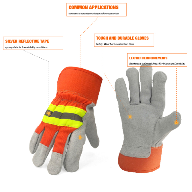 Durable Cowhide Split Leather Heat Resistance Work Gloves With High Reflective Tape