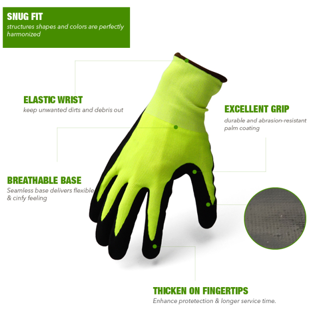 Polyurethane Rubber Latex Coated Fluorescent Gardening Work Safety Gloves for Construction
