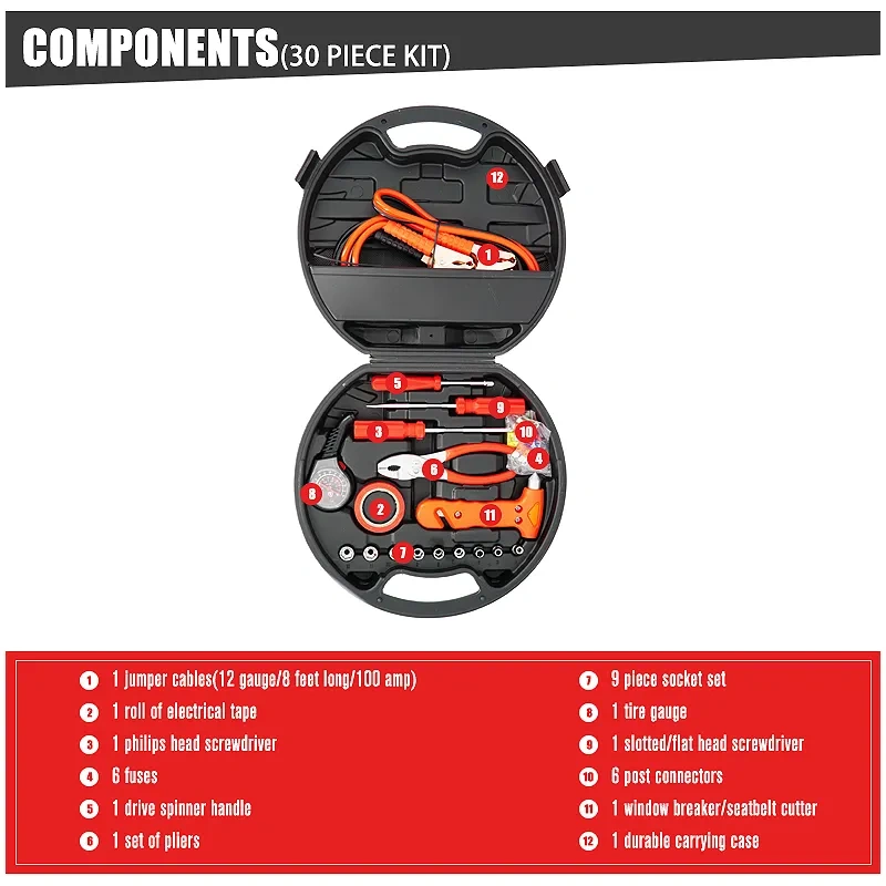 Custom Universal 30 pieces Tool Set Auto Car Emergency repair and rescue Kit With Jumper Cables
