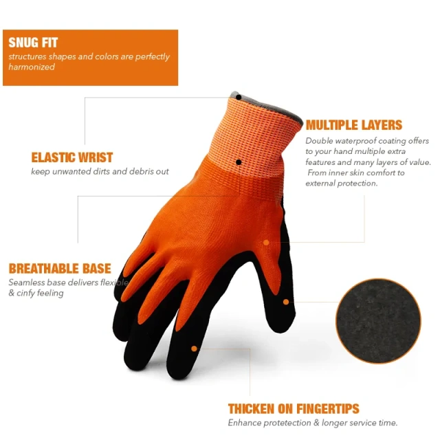 Waterproof Work Gloves Rubber Latex Coated Work Gloves for Construction, Blue, Crinkle Pattern Nitrile Latex Dip Glove