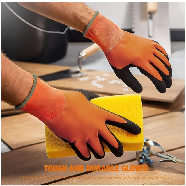 Waterproof Work Gloves Rubber Latex Coated Work Gloves for Construction, Blue, Crinkle Pattern Nitrile Latex Dip Glove