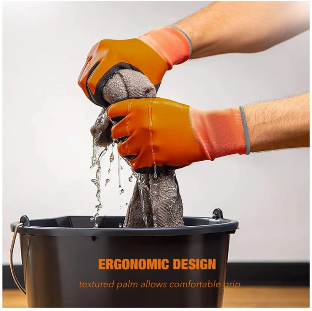 Waterproof Work Gloves Rubber Latex Coated Work Gloves for Construction, Blue, Crinkle Pattern Nitrile Latex Dip Glove