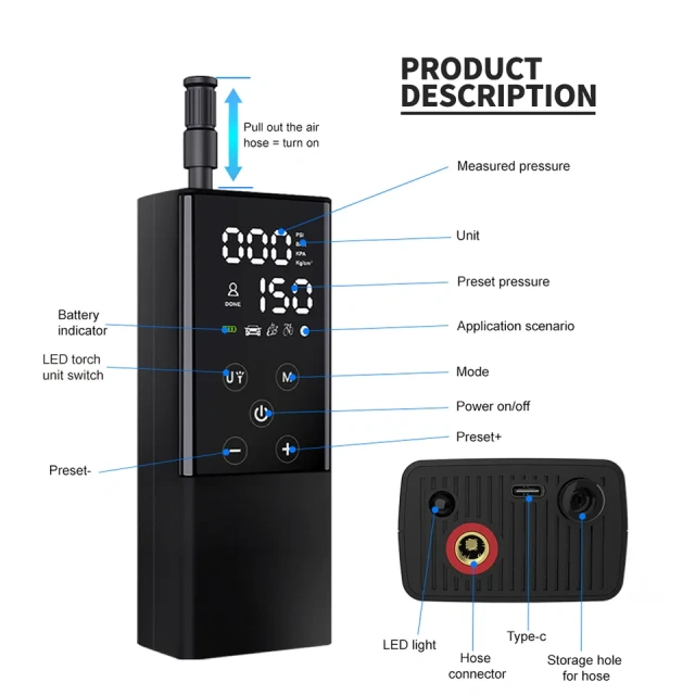 Wireless Cordless Rechargeable Digital Display Tyre Compressor Tire Inflator for Car/Motorbike/Bike/Balls