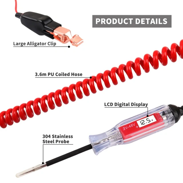 Heavy Duty 3-48V Backlit Digital LCD Circuit Tester With 140 Inches Extended Spring Wire