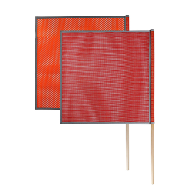 FMCSA 393.87 approved 18 x 18 Inches PVC Mesh Jersey Mesh Safety Flag With Wooden Dowel ANSI Reflective Webbing