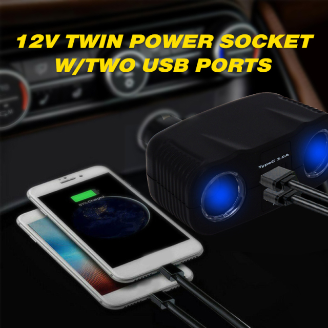 12V Twin Power Socket Two USB Ports Cigarette Lighter Splitter