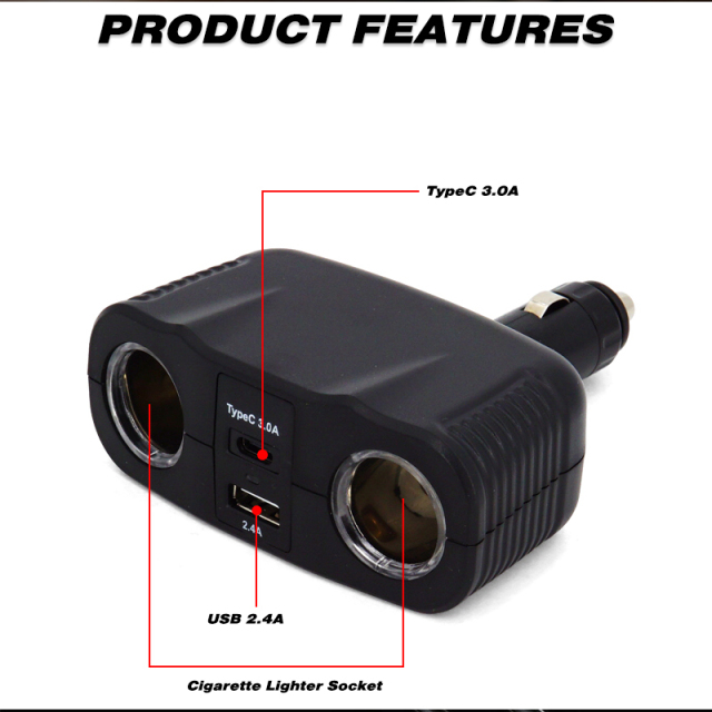 12V Twin Power Socket Two USB Ports Cigarette Lighter Splitter