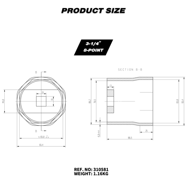 3-1/4" 8-Point Axle Nut Socket, 3/4" Drive