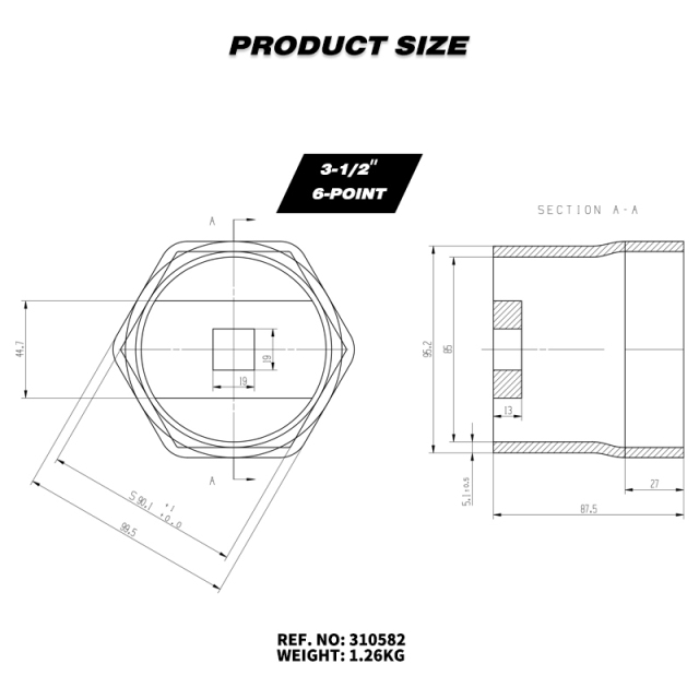 3-1/2" 6-Point Axle Nut Socket, 3/4" Drive