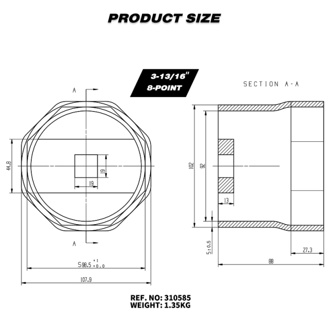 3-13/16" 8-Point Axle Nut Socket, 3/4" Drive