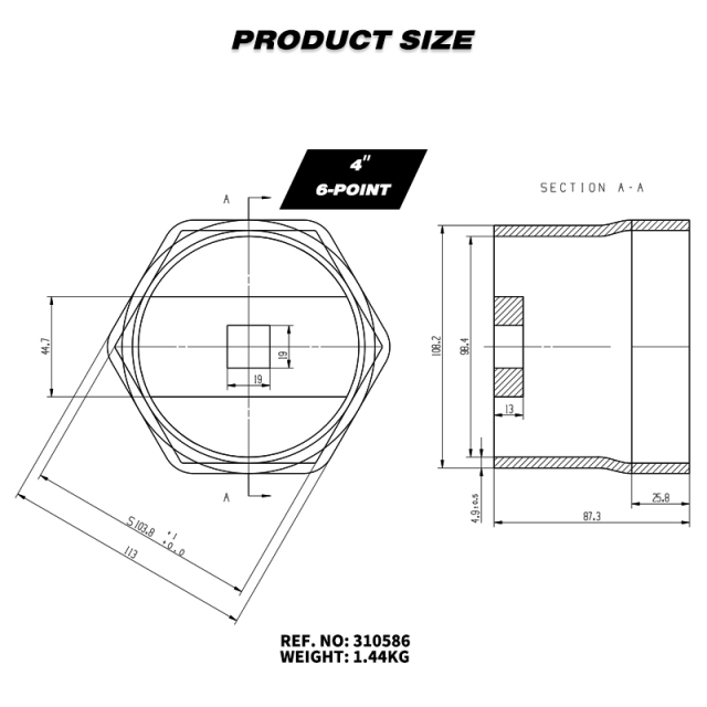 4" 6-Point Axle Nut Socket, 3/4" Drive
