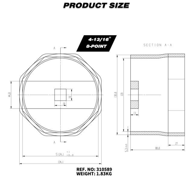 4-13/16" 8-Point Axle Nut Socket, 3/4" Drive